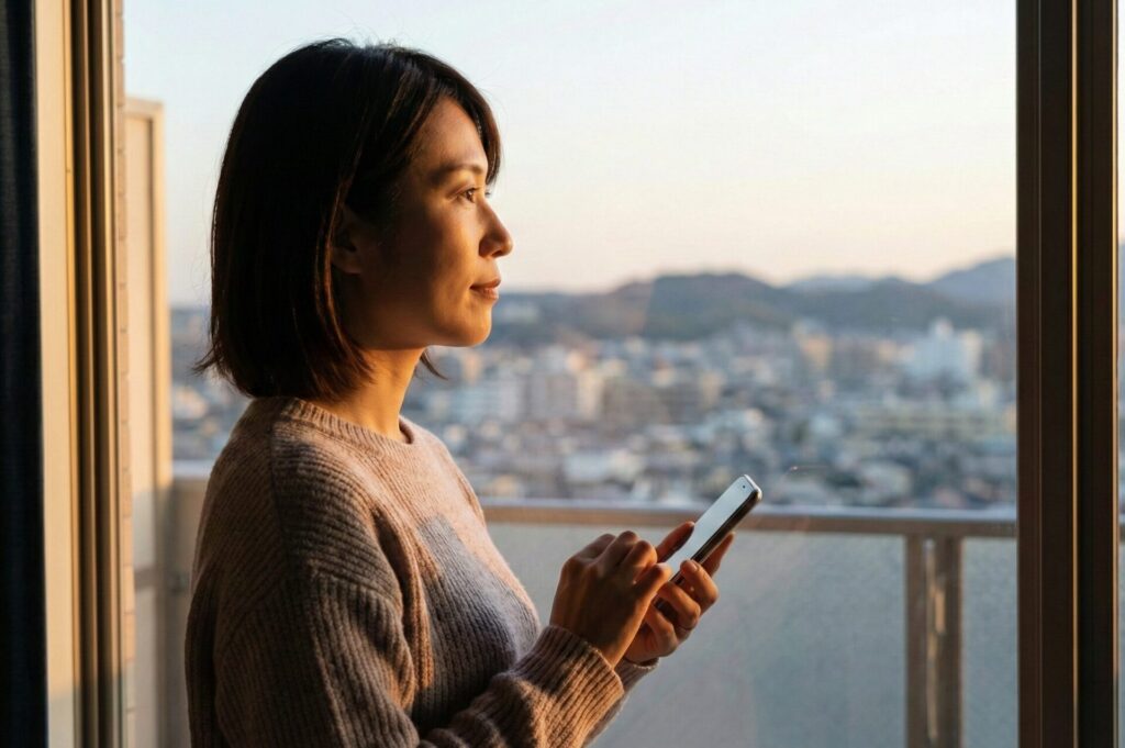 夜明けの窓辺で、浮気の悩みに対して探偵事務所へ相談する決意を固めた女性の表情。自分の直感を信じて解決への一歩を踏み出す「RESTART」の瞬間。