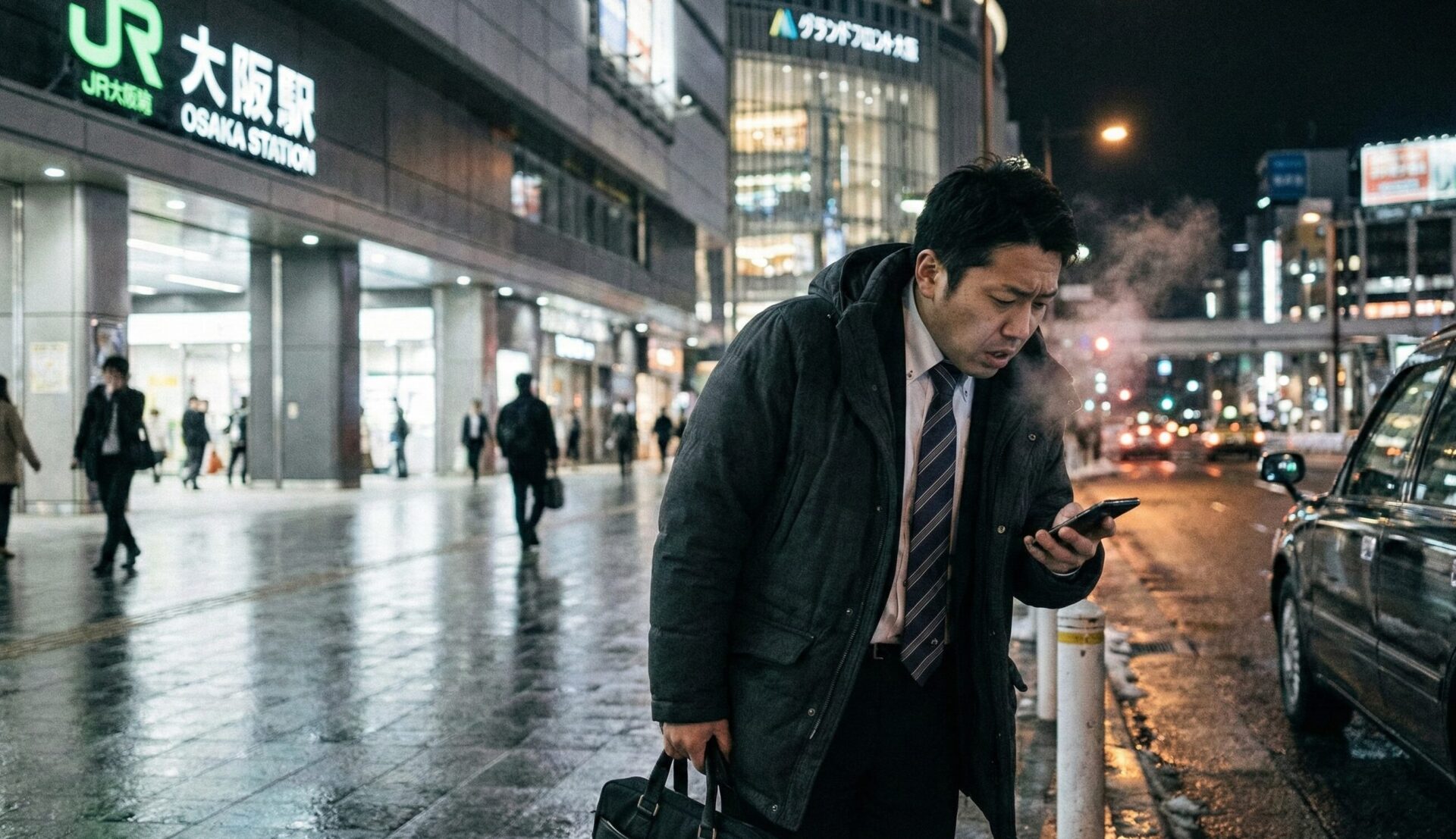 正月明けの大阪・梅田の繁華街で、「新年会」に行ったはずの夫の帰りが遅いのを不審に思い、寒空の下で不安な表情を浮かべながら時計を確認する妻のイメージ。