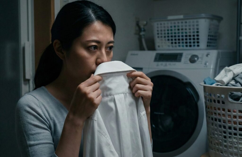 洗濯物の匂い(香水・タバコ)をチェックして浮気の証拠を探す女性。パートナーのシロかクロかを見極めるための確認作業。