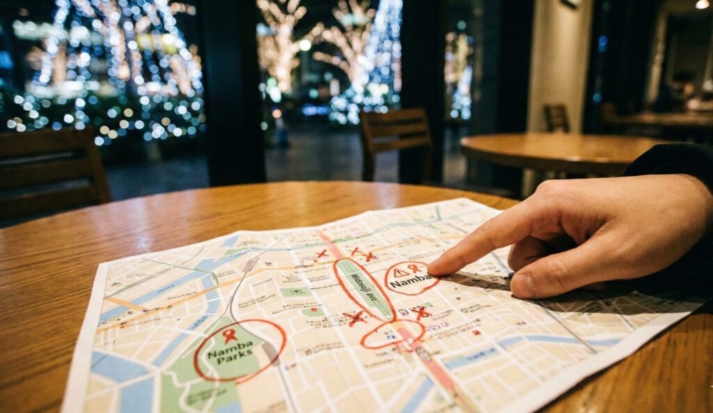 冬のイルミネーションが輝く窓辺で、広げられた難波の地図上に、御堂筋やなんばパークス周辺が「浮気危険スポット」として赤丸や警告マークでマーキングされ、指で指し示されている様子。