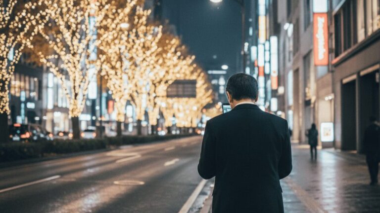 御堂筋線の年末のイルミネーションを背景に、一人佇む日本人ビジネスマンの男性。浮気という秘密を抱える孤独な姿と、華やかな夜景の対比。