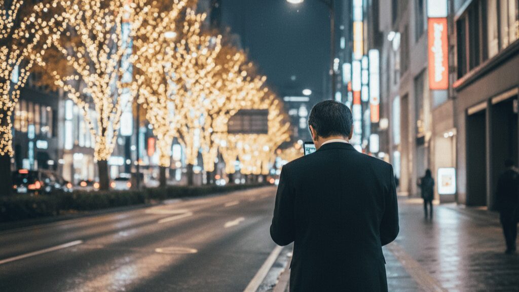 御堂筋線の年末のイルミネーションを背景に、一人佇む日本人ビジネスマンの男性。浮気という秘密を抱える孤独な姿と、華やかな夜景の対比。