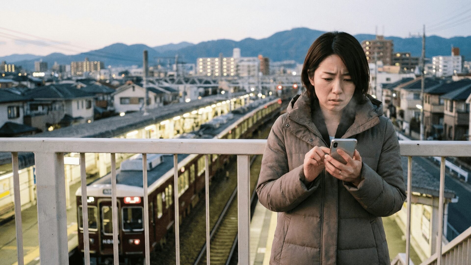 大阪府池田市の阪急沿線が見える歩道橋で、冬の夕暮れ時にスマートフォンを見つめ不安な表情を浮かべる日本人女性。年末年始の帰省中にパートナーの浮気を疑っている様子。