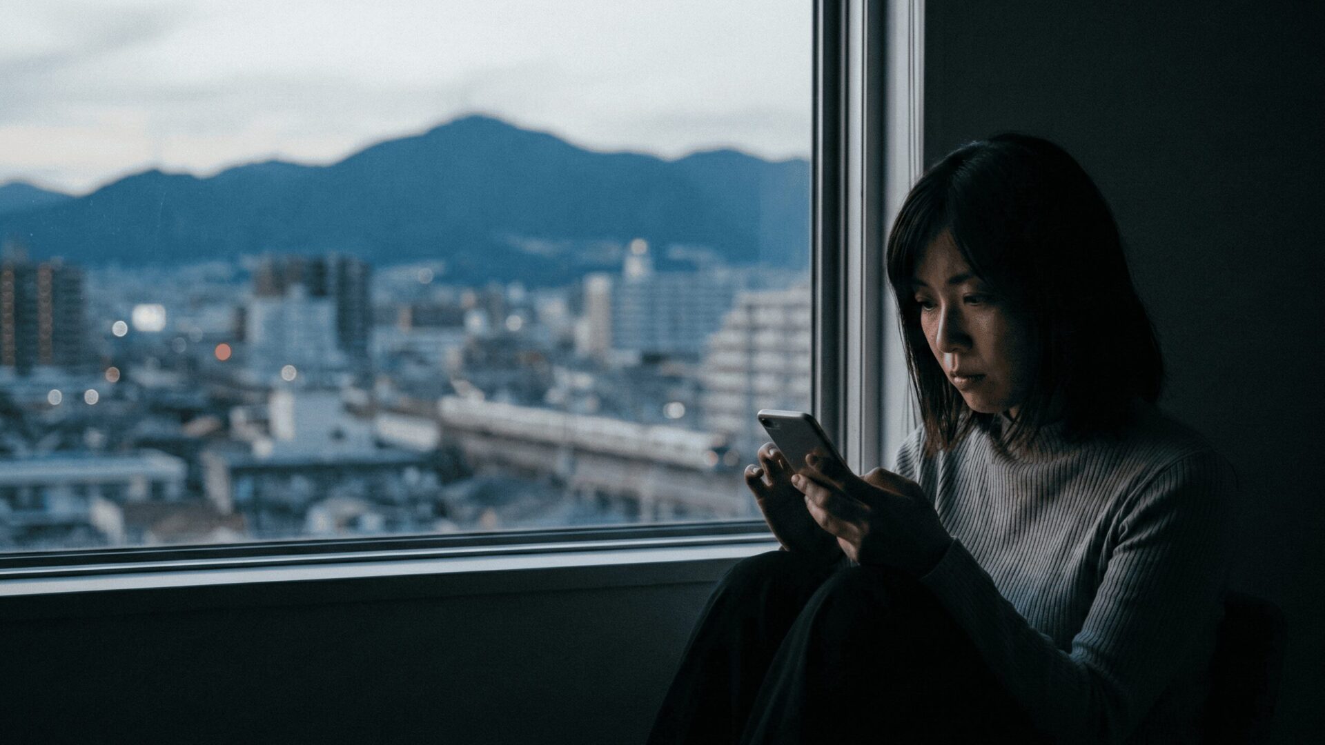 兵庫県西宮市の街並みを背景に、帰省中のパートナーの浮気を疑いスマホを不安そうに見つめる女性