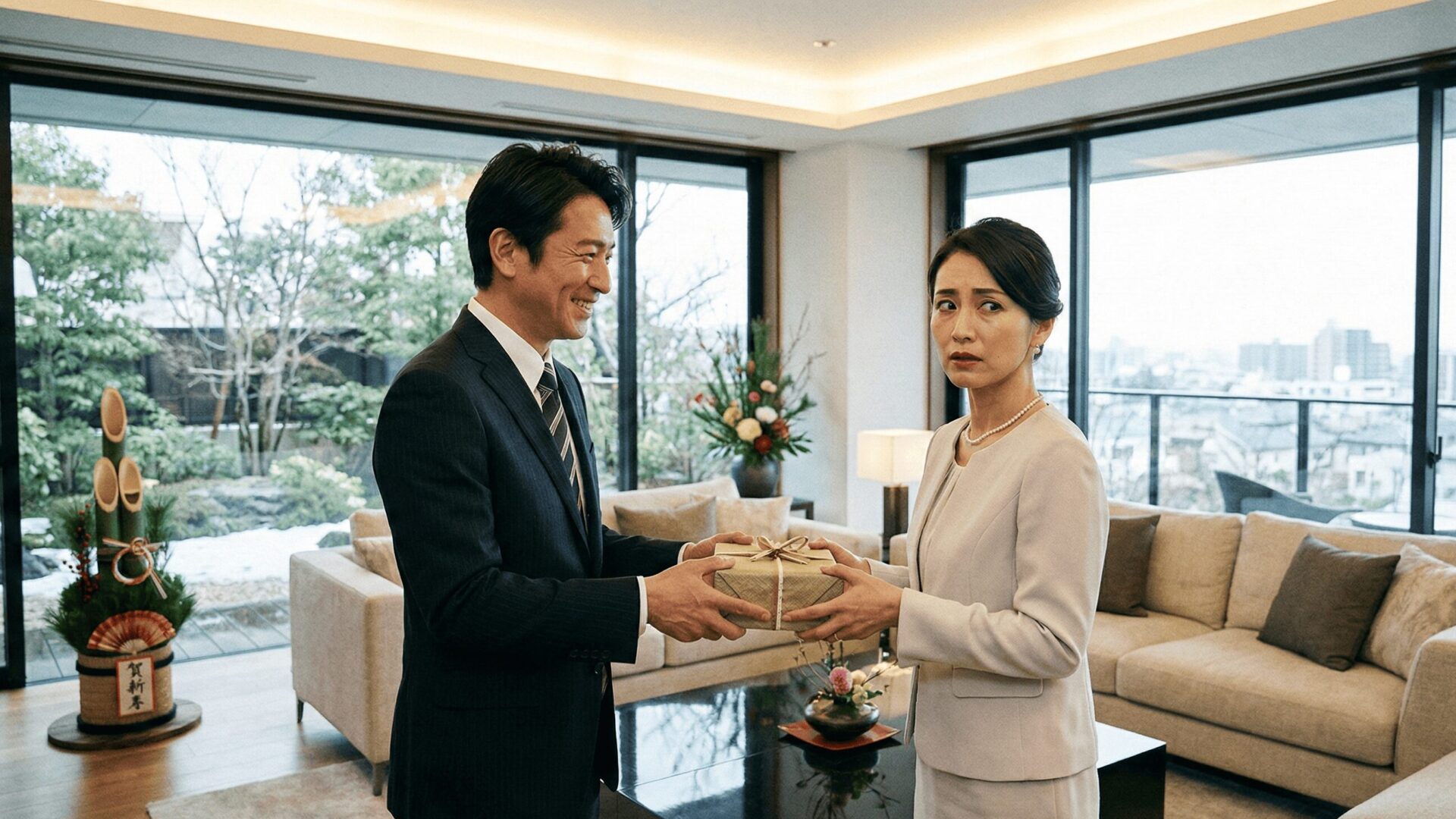 兵庫県芦屋市の高級邸宅で正月を過ごす夫婦。夫が妻にプレゼントを渡し優しく微笑んでいるが、妻は違和感を感じて不安そうな表情を浮かべている