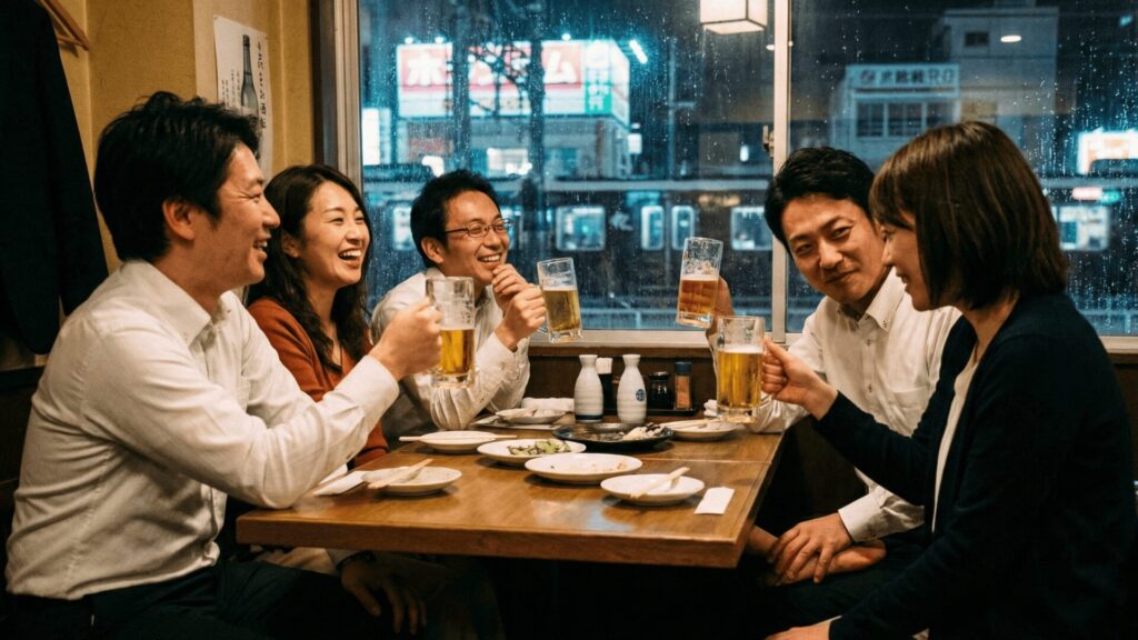 大阪府池田市の駅前にある居酒屋で、地元の同窓会を楽しむ日本人男女のグループ。楽しげな雰囲気の中で、特定の男女が見つめ合い、浮気へと発展しかねない心理的な罠を暗示している様子。窓の外には阪急電車が見える。