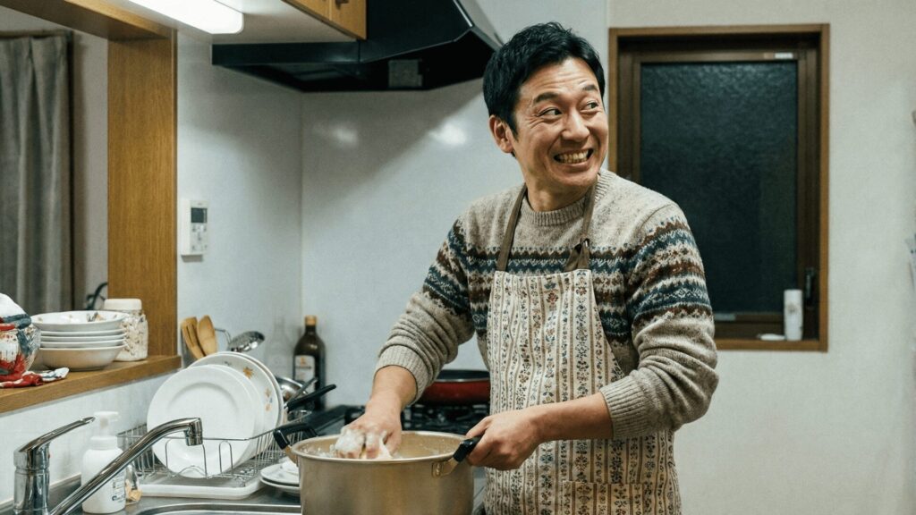 正月明けの外出許可を得るため、わざとらしく家事を手伝い「良い夫」をアピールする男性。