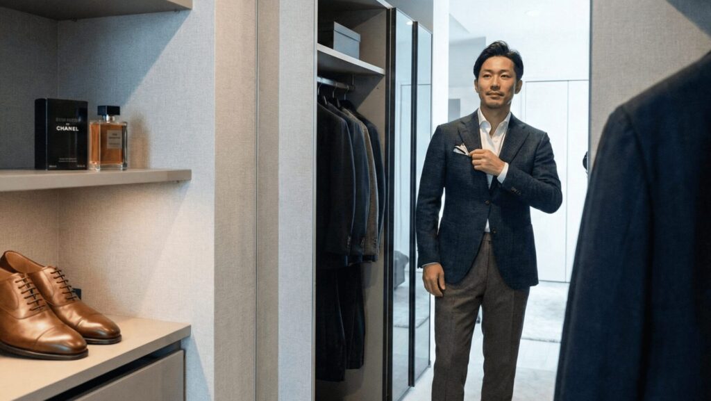 新年会の前に、自宅のクローゼットで念入りに服装や身だしなみをチェックする男性。普段は身につけないようなおしゃれなジャケットや香水、新品の靴が用意されており、ただの飲み会ではない浮気の可能性を示唆している。