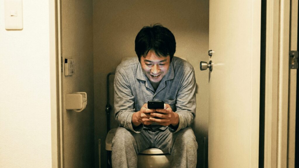 帰省先の実家と思われるトイレの個室内で、パジャマ姿の日本人男性がスマートフォンを見ながらニヤリと笑っている様子。家族に隠れて浮気相手と連絡を取っている可能性を示唆する行動パターン。