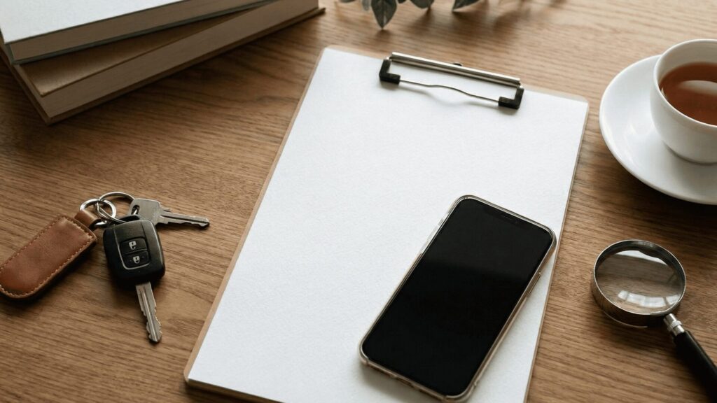 浮気の兆候を見抜くためのチェックリストと、裏返されたスマホ、車の鍵。