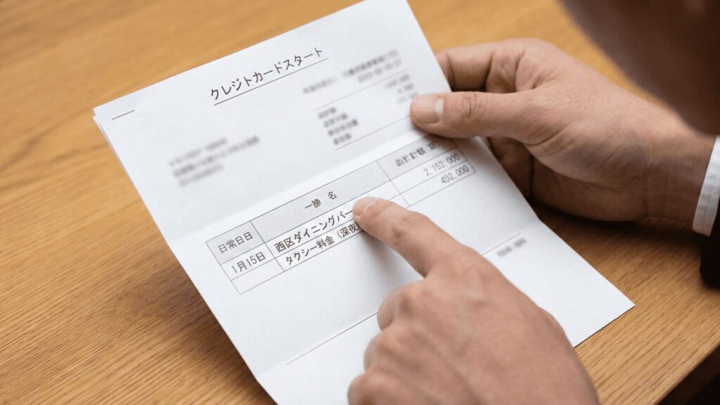 クレジットカードの利用明細書で、「1月15日 西区ダイニングバー」という見知らぬ店での高額な支払いや、深夜の「タクシー料金」の履歴を発見し、指差して確認している様子。浮気の動かぬ証拠を見つけた瞬間を捉えている。