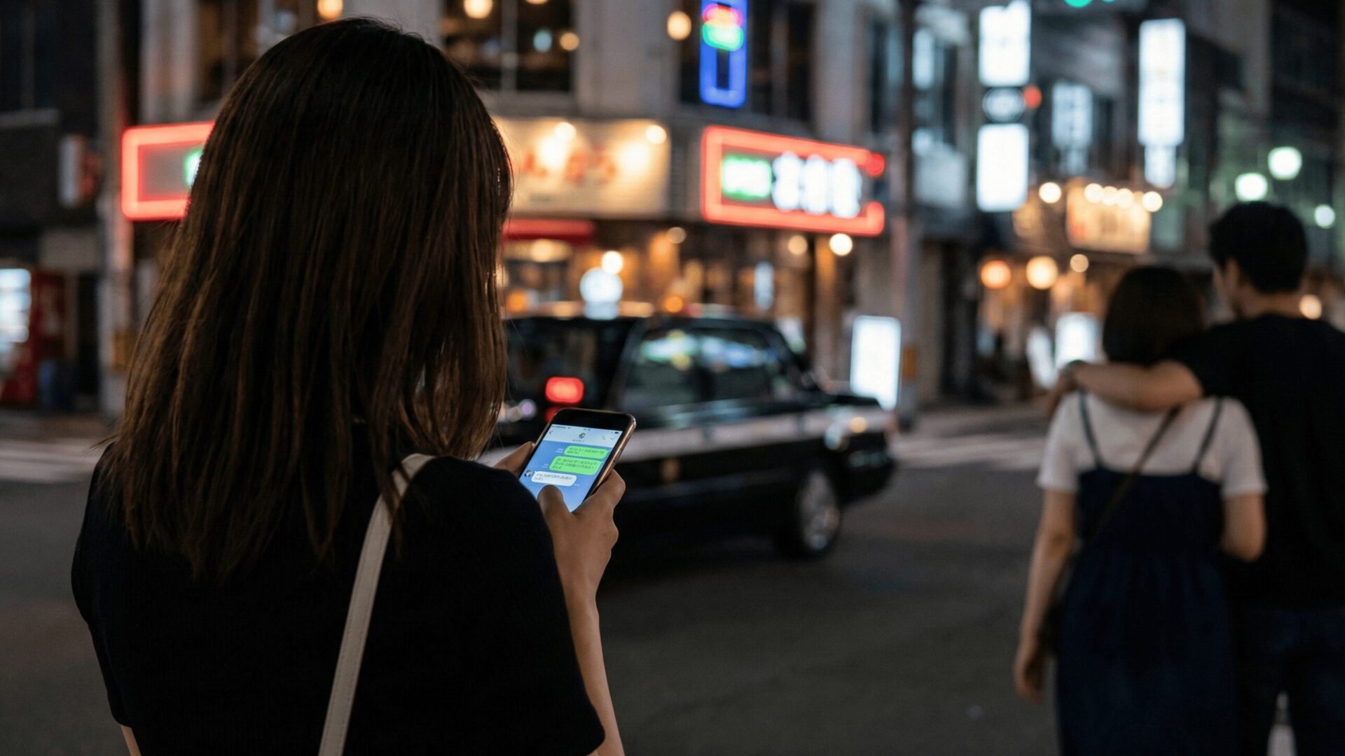 大阪市西区の夜の街角で、スマートフォンの画面を不安そうに見つめる女性の後ろ姿。背景には新年会の二次会へ向かうような、親密に歩く男女のカップルがぼやけて写っており、パートナーの浮気を疑う心理描写を表現したイメージ。