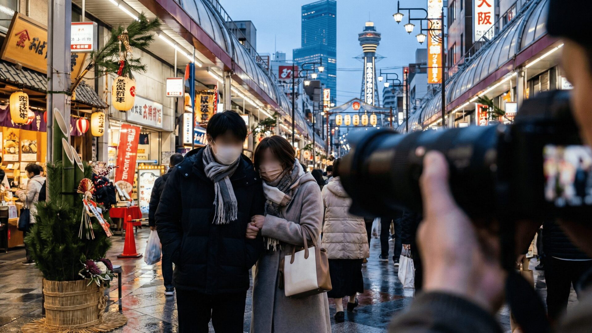 大阪府天王寺区の正月の人混みで密会する不倫カップルを、探偵が浮気調査のカメラで撮影しているイメージ画像