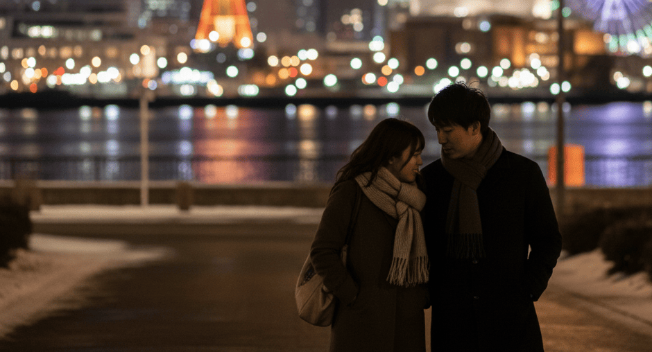 神戸ハーバーランドの冬の夜景と、人影の少ない場所で親密に歩く日本人カップルのシルエット。浮気のリスクを示すロマンチックな雰囲気。