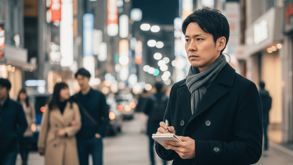神戸の街角で、手帳を持ちながら人々の行動を観察している様子の日本人探偵。浮気調査のプロの視点。