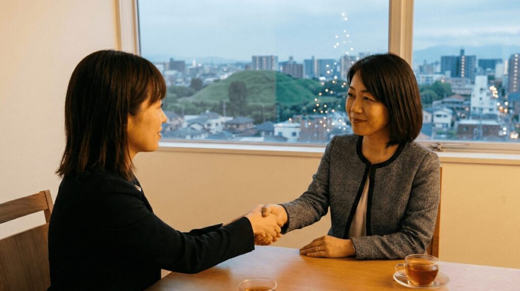 夕暮れ時の大阪府堺市にあるRESTART探偵事務所の相談室で、クリスマスの時期に浮気の悩みを相談した依頼者の女性が、女性カウンセラーと笑顔で握手を交わしている様子。窓の外には仁徳天皇陵古墳が見え、プロに任せることで安心し、解決への一歩を踏み出した希望に満ちたシーン。