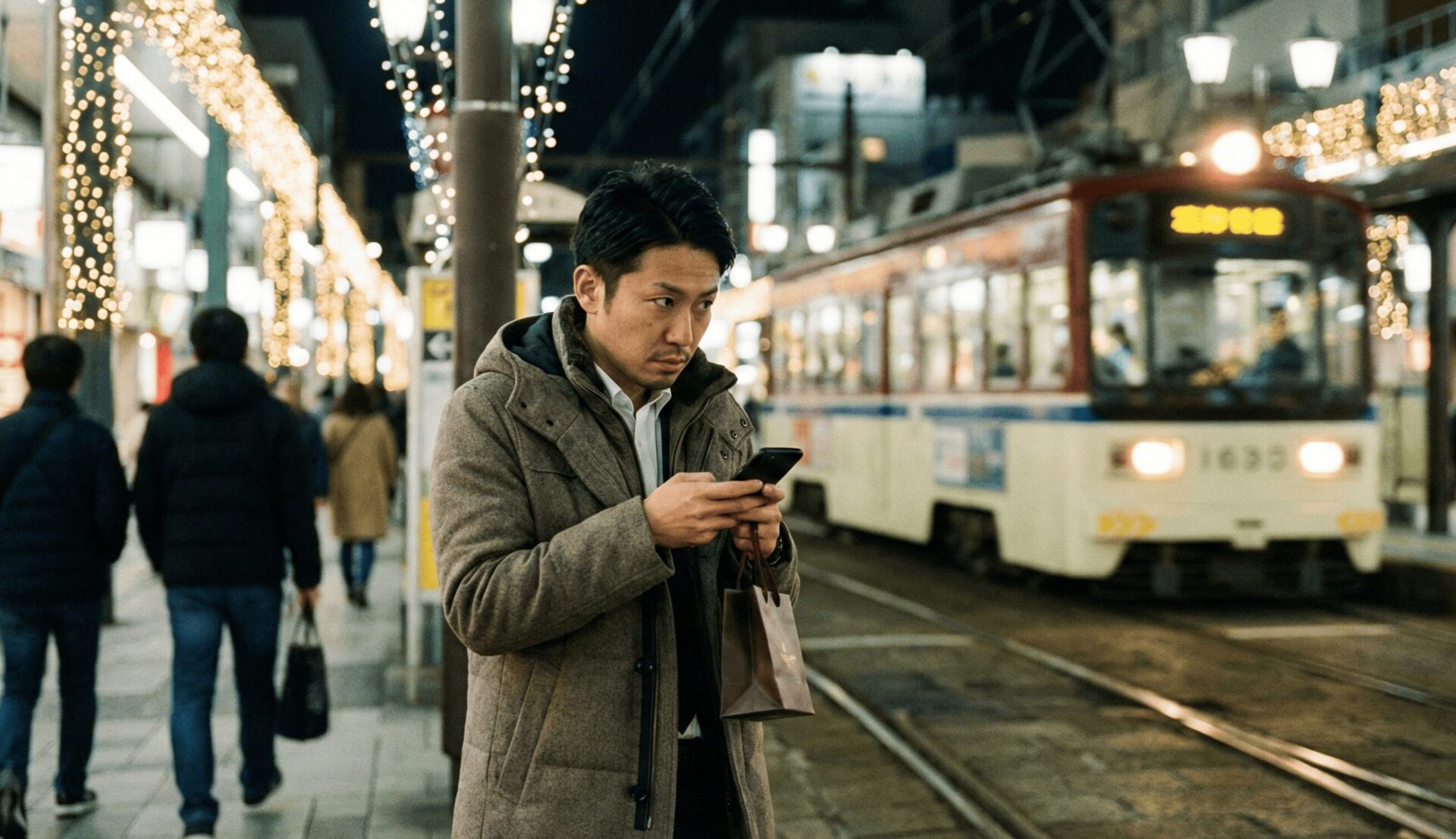 大阪府堺市のイルミネーション輝く街角で、クリスマスに浮気相手へのプレゼントを持ち、周囲を警戒しながらスマートフォンを操作する男性の後ろめたい姿。