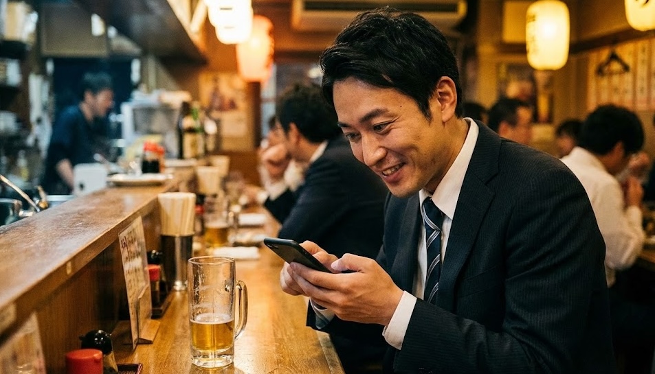 居酒屋のカウンターで一人、新年の挨拶「今年もよろしく」を口実に浮気相手へ連絡を取り、スマホの画面を見て嬉しそうにニヤけているスーツ姿の夫。