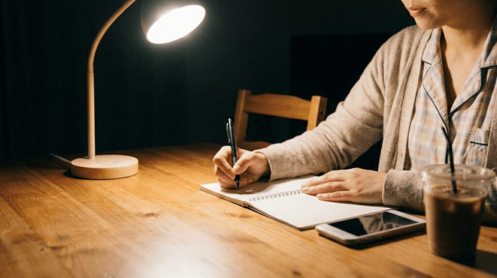 深夜のデスクライトの下、冷静な様子でノートにペンを走らせる女性の手元。夫の浮気を疑い、感情を抑えて事実関係や不審な行動を記録に残している、証拠収集の第一歩の様子。