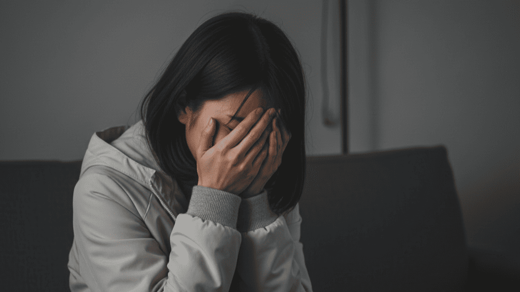 浮気が発覚し、感情的に混乱している日本人女性。NG行動を避け、冷静に対処することの重要性。