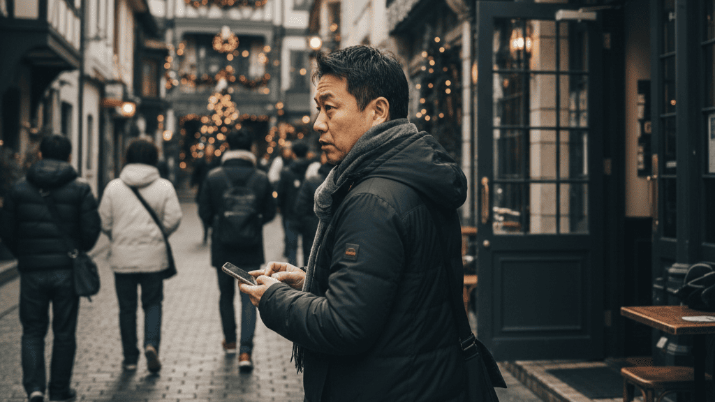 神戸の異人館街のカフェ前で、周囲を気にしながらスマホを操作する日本人男性。浮気相手との連絡を秘密裏に行う様子。