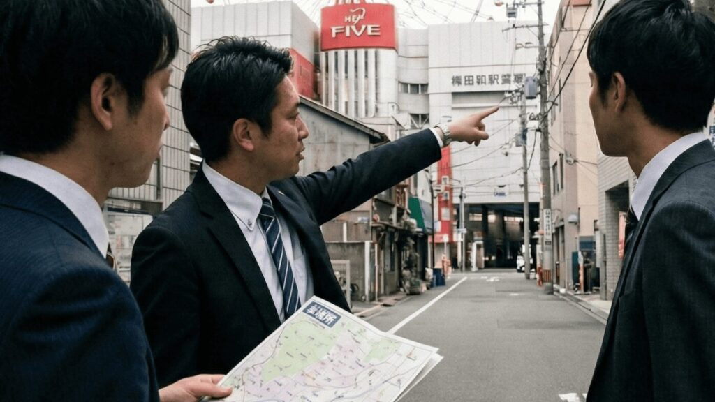 大阪市北区北新地の路地裏で、GPSを使わず土地勘と張り込み技術を駆使して医療職の浮気現場を撮影するプロの探偵のイメージ