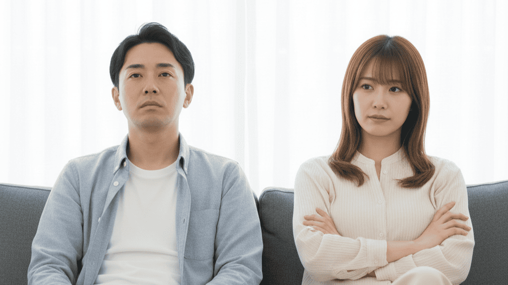 自宅のソファで隣り合って座る日本人夫婦。男性は虚ろな表情で遠くを見つめ、女性は腕を組み、スマートフォンを肌身離さず持っている。二人の間に会話がなく、寂しい雰囲気が漂う。