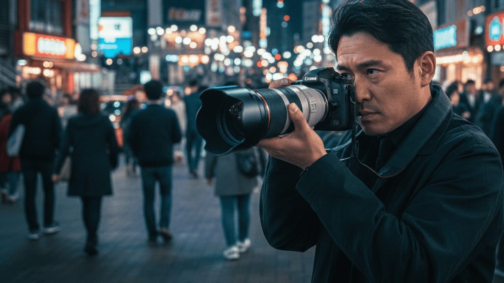 夜の道頓堀の雑踏の中で、鋭い眼差しでカメラを構えるプロの日本人探偵。背景には賑やかなネオン街が広がり、人混みに紛れながら望遠レンズを使用して、大阪マラソンに乗じた不倫の決定的な証拠を捉えようとする緊迫した調査現場を表現したイメージ。