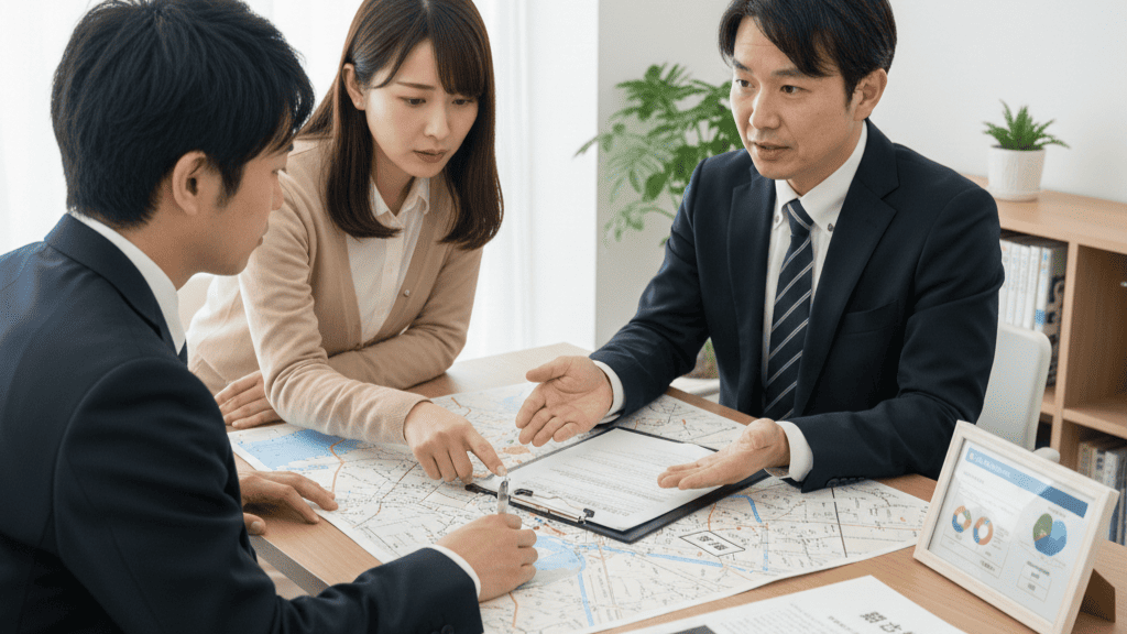 明るく清潔感のある相談室で、尼崎市の詳細な地図や調査報告書のサンプルを広げながら、依頼者の夫婦に誠実に説明を行うプロの探偵。信頼できる探偵事務所選びの基準を象徴するカウンセリング風景。