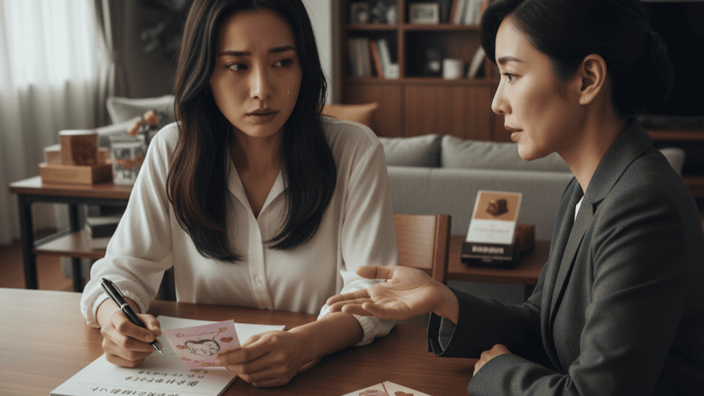 自宅らしき場所で、涙ぐむ女性が弁護士またはカウンセラーらしき人物と向き合っている。テーブルの上にはバレンタインのカードやチョコレート、書類、そしてメッセージアプリの画面が見えるスマートフォンが置かれており、「黒」だと確信した後の冷静な対応について話し合っている様子。