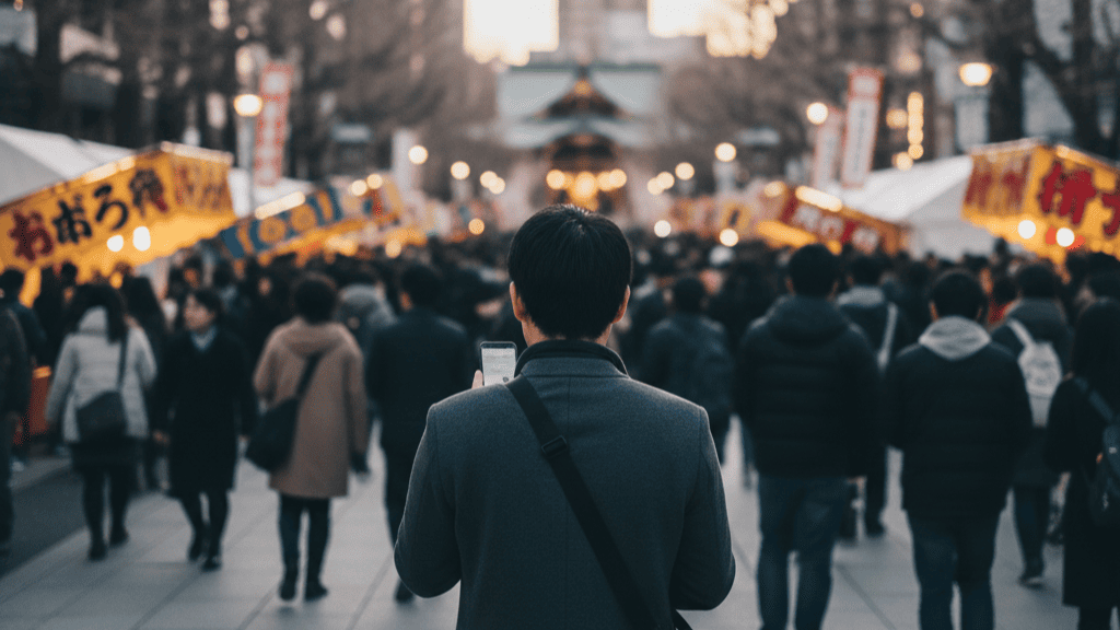 大阪市浪速区の節分祭の賑わう境内で、周囲を警戒しながらスマートフォンを確認する不審な動きの日本人男性。
