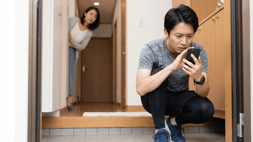 玄関でランニングに行くふりをして隠れてスマホをチェックする男性と、それを後ろから怪しそうに見つめる女性。浮気しているランナーの怪しい行動のイメージ。
