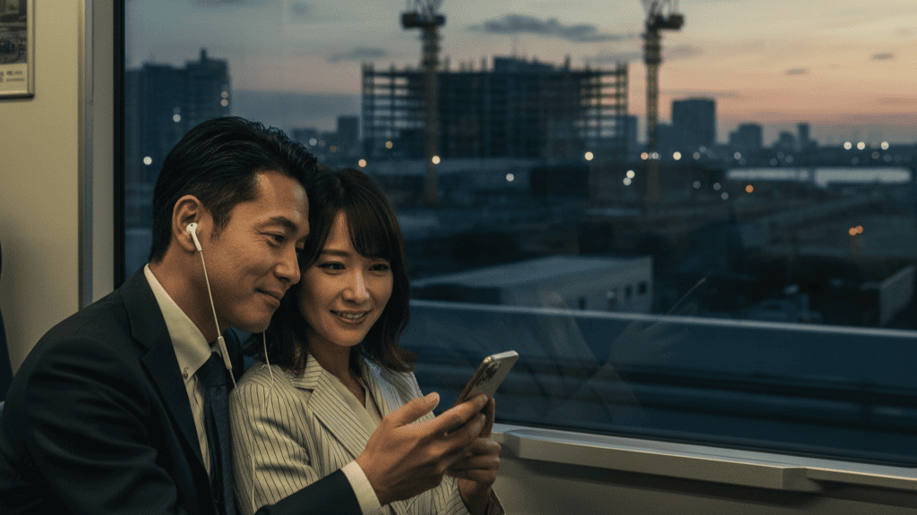 夕暮れ時、大阪メトロ中央線の車窓から夢洲方面を眺めるカップル。二人の間に親密な雰囲気が漂い、手元にはスマートフォンが見える。