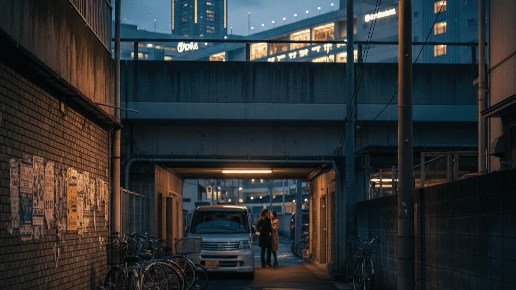尼崎駅周辺の近代的なビルが遠くに見える、夕暮れ時の静かな高架下の路地裏。人目が少ない場所で待ち合わせをするカップルと、尼崎らしい駐輪された自転車の風景。