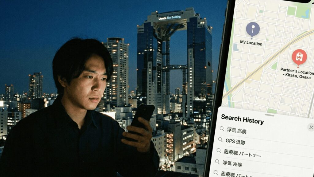 大阪市北区で医療職パートナーの浮気を疑い、スマホのGPSアプリを不安そうに見つめる男性のイメージ