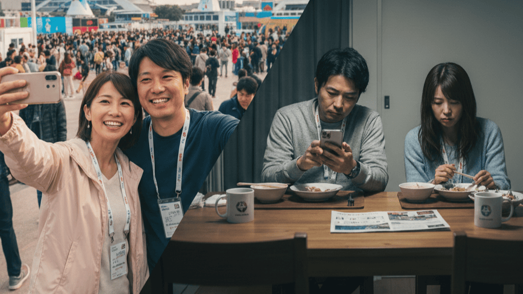 左側は万博会場で笑顔で自撮りをするカップル、右側は万博閉幕後の自宅で、食卓で互いに無言でスマートフォンを見つめる夫婦。万博の熱狂と日常の虚無感の対比を表現。