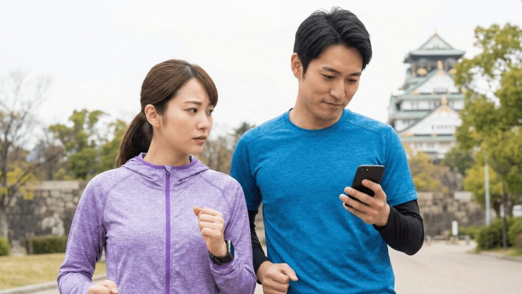大阪城公園でジョギング中にスマホを見る男性と、それを怪しむ女性。ランニングを口実にした浮気疑惑のイメージ。