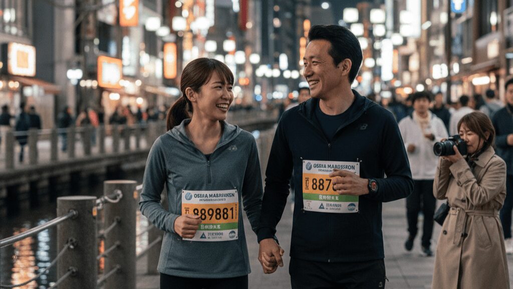 夜の大阪・道頓堀のネオン街を背景に、ランニングウェア姿で親密に手を繋いで歩く日本人男女の不倫カップル。大阪マラソン2026のゼッケンを着用し、練習後の高揚感から人目を忍んで密会する様子を描いた、マラソン不倫の実態を象徴するイメージ。