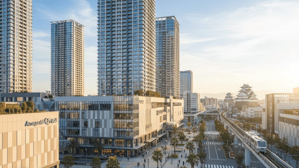 再開発によって近代的なタワーマンションや商業施設が立ち並ぶ尼崎駅周辺の街並み。青空の下、整えられた歩道やモノレールが走る、住みたい街として人気の高い尼崎の風景。