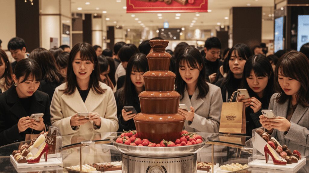 大阪梅田の華やかな夜景を背景に、バレンタインのデートを楽しむ日本人カップル。2026年の大阪バレンタインイベント会場をイメージした、ロマンチックで賑わいのある冬の夜の風景。