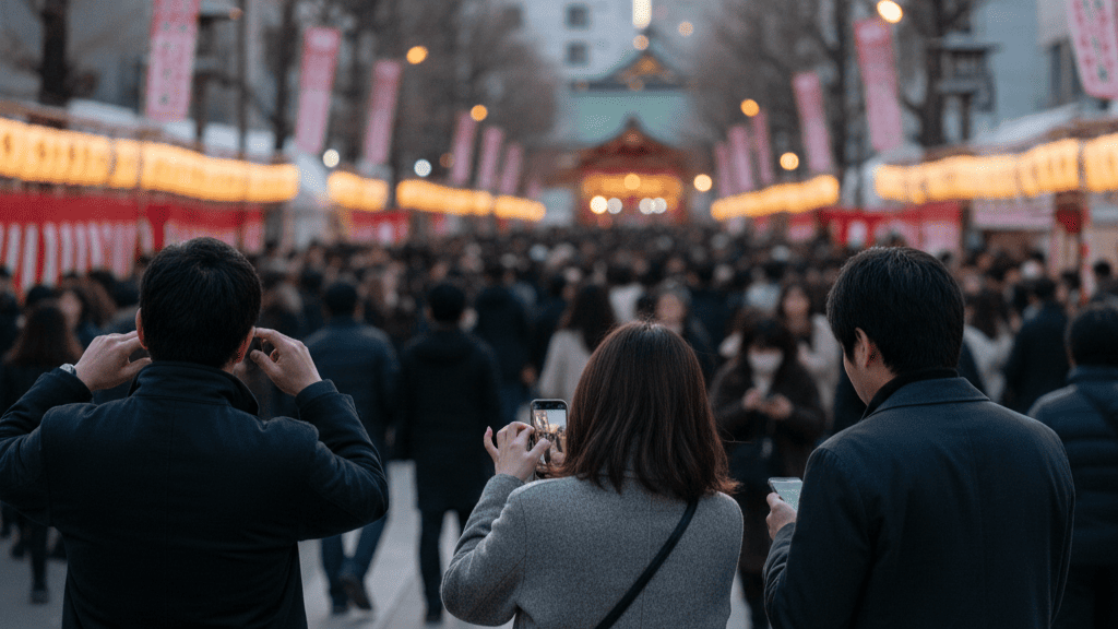 大阪市浪速区の節分行事の賑わいの中、不自然な行動で携帯電話を確認する人物の後ろ姿。