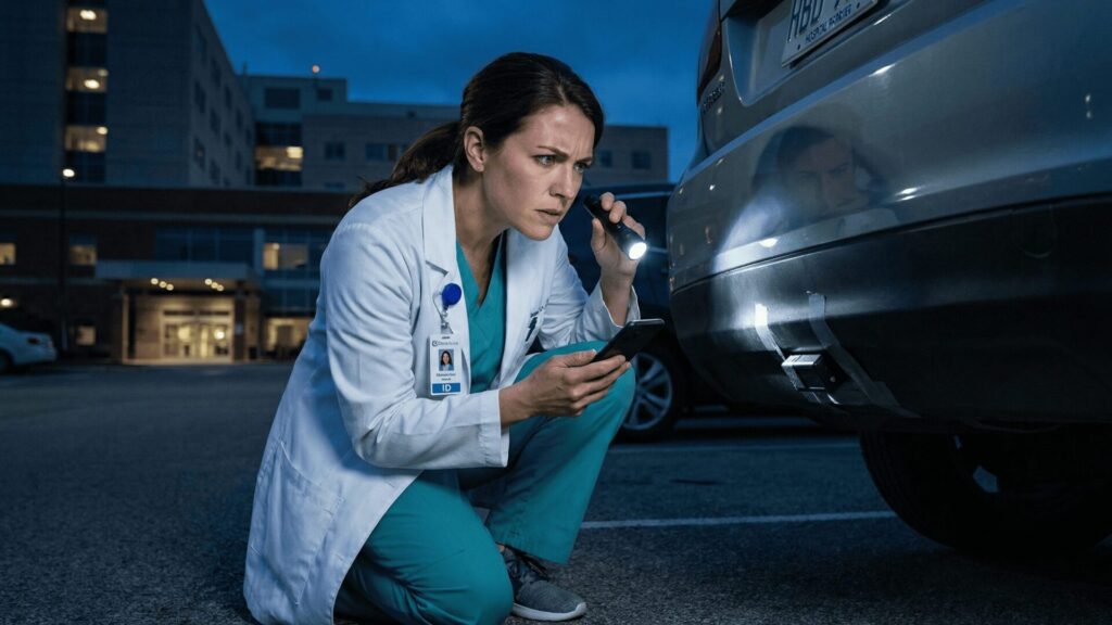 鋭い観察眼を持つ医療職の女性が、車内のわずかな違和感やGPSの存在に気づき、疑いの目を向けているイメージ