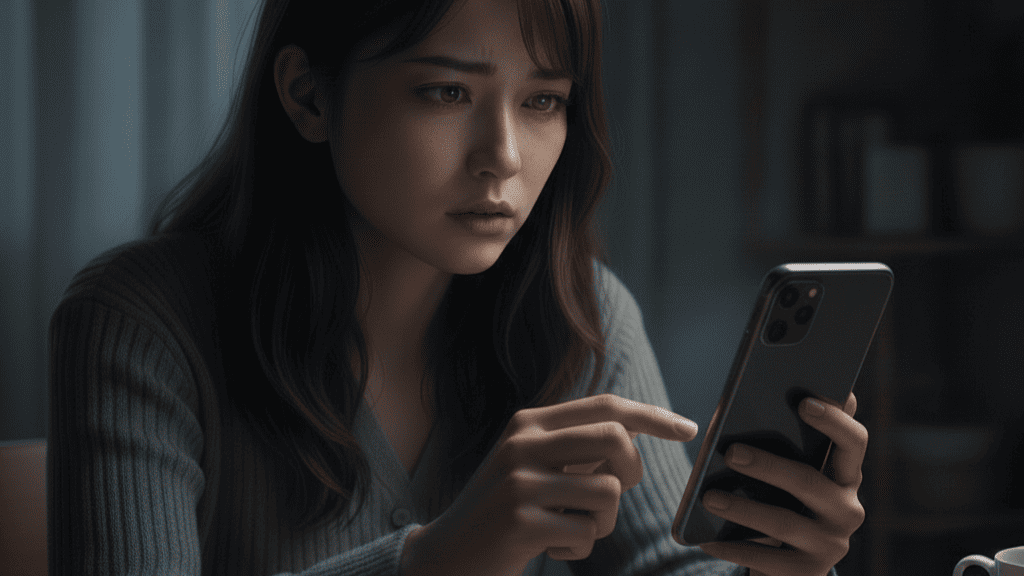 節分の夜にパートナーからの位置情報共有が途絶え、不安な表情でスマートフォンの画面を操作する日本人女性。