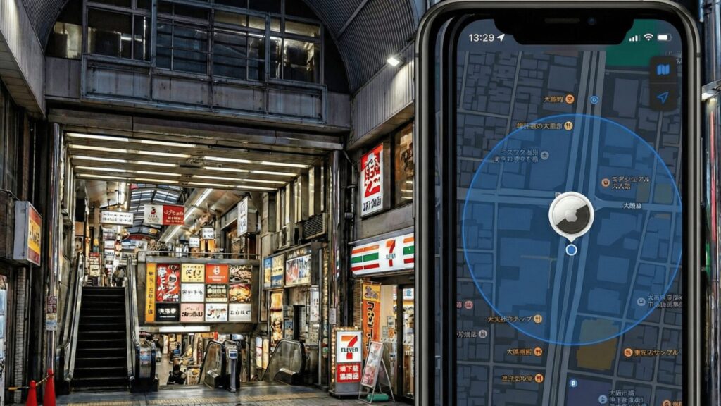 大阪城を背景に、スマートフォンでAirTag（エアタグ）の位置情報を確認する女性。大阪市内の複雑な地形におけるGPS精度の限界と、浮気調査の難しさを表すイメージ。