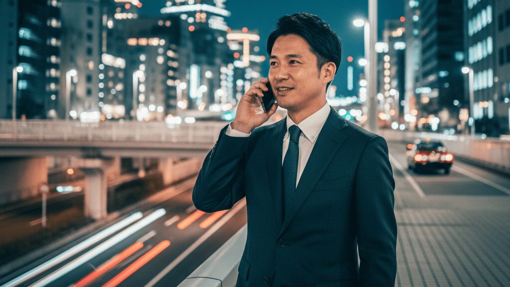 夜のオフィス街で、スマートフォンを片手に誰かと親密そうに話すスーツ姿の日本人男性。背後にはライトアップされたビル群が見える。