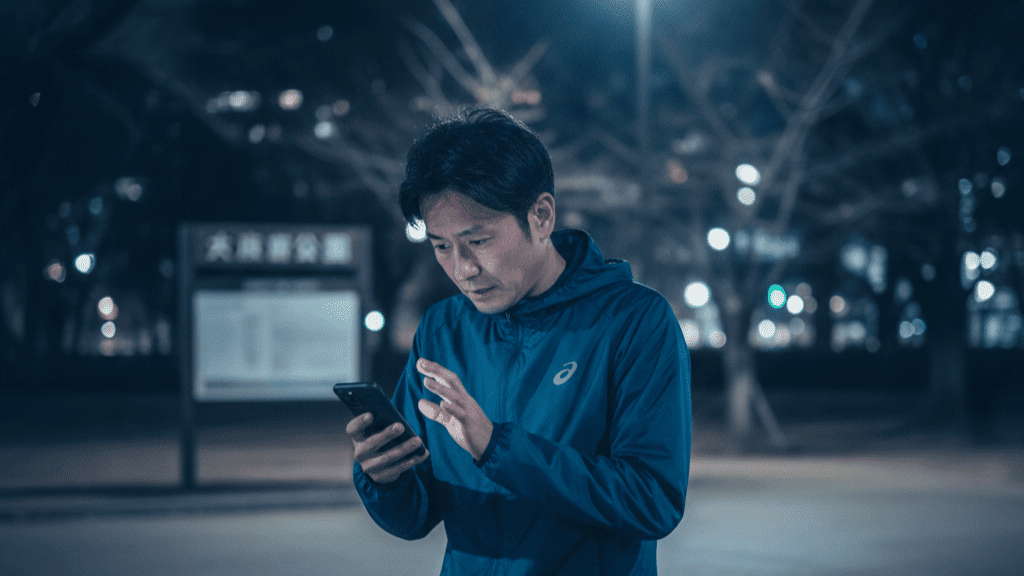 深夜の大阪城公園、ランニングウェア姿の日本人男性が、周囲を警戒しながらスマートフォンの画面を凝視している様子。背景には深夜11時57分を示すデジタル時計が表示されており、練習と称して夜遅くまで外出し、家族に隠れて浮気相手と連絡を取り合う「怪しい行動パターン」を象徴するイメージ。
