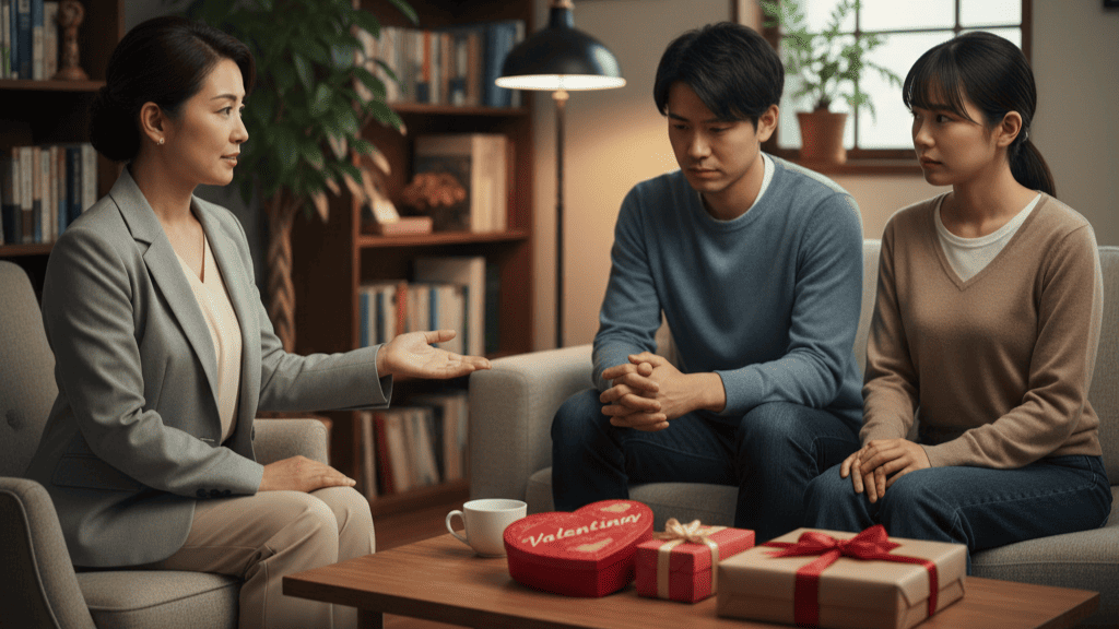 落ち着いたカウンセリングルームで、夫婦またはカップルがカウンセラーと向き合っている。テーブルにはバレンタインのギフトボックスが置かれており、イベントがきっかけで生じたパートナー間の違和感や心理的葛藤について話し合っている様子。