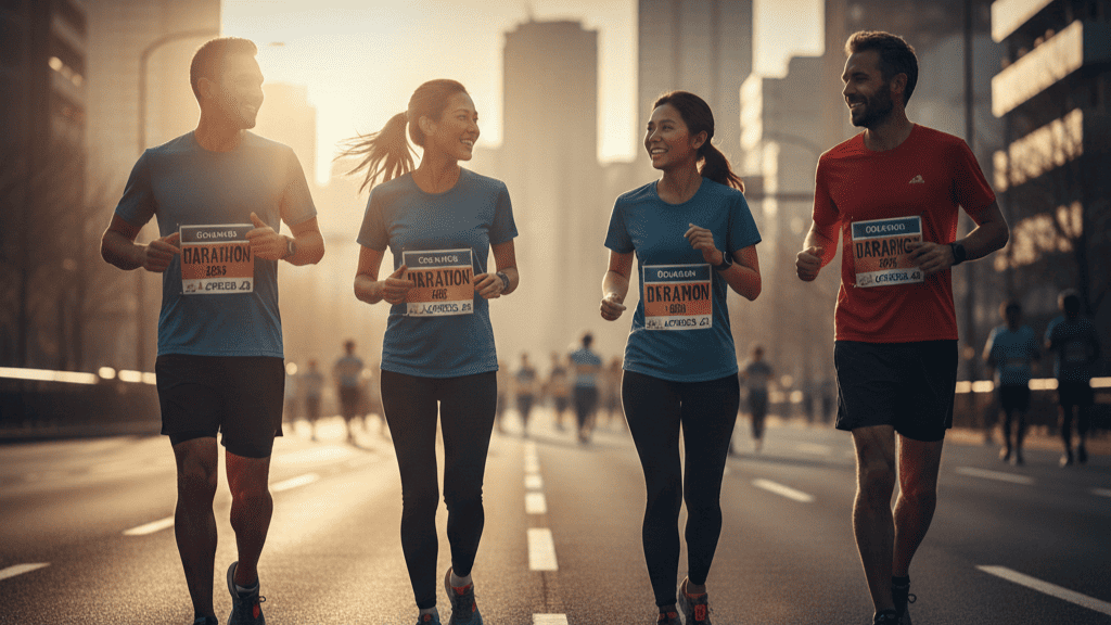 朝日が差し込む大阪の街並みを背景に、爽やかにランニングを楽しむ男女のグループ。