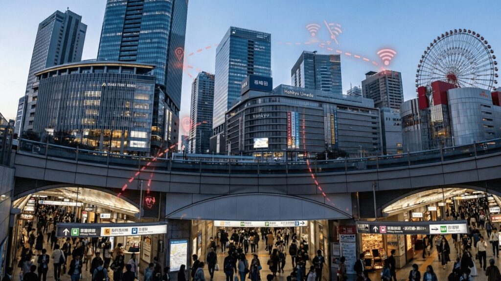 大阪市北区梅田の複雑な地下街と高層ビル群によって、GPS電波が遮断・乱反射し、正確な位置追跡が困難になる様子を表現したイメージ画像