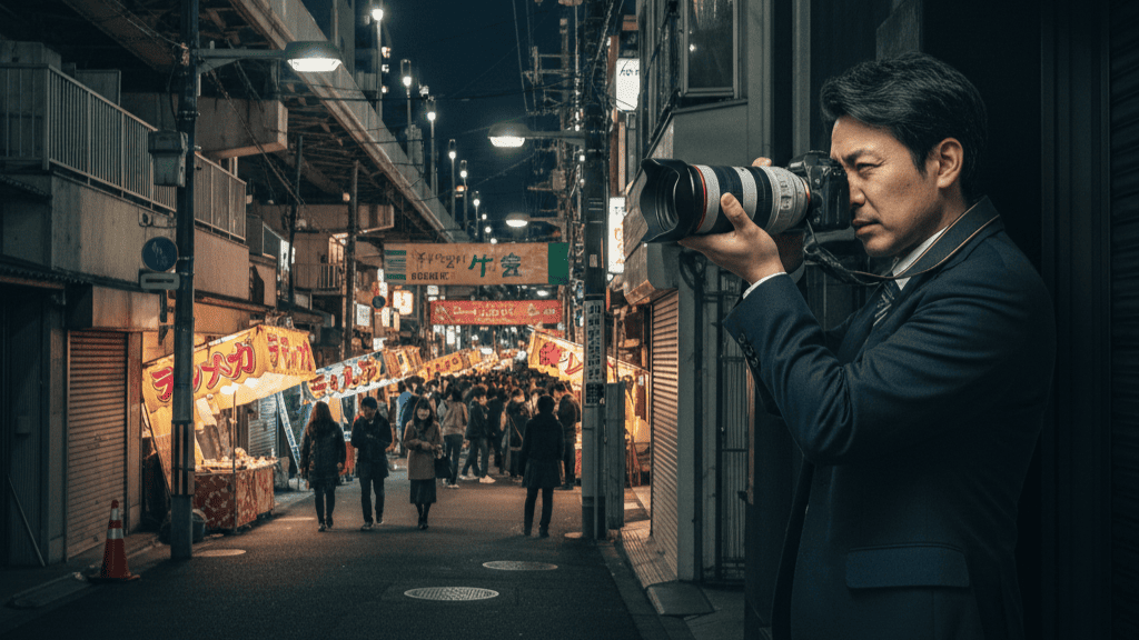 浪速区の複雑な路地や高層ビルを背景に、機械では追いきれない「街の死角」をプロが撮影する様子。